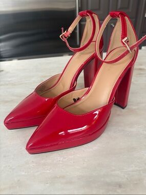 Express Red Patent Pointed-Toe Ankle-Strap Block Heels